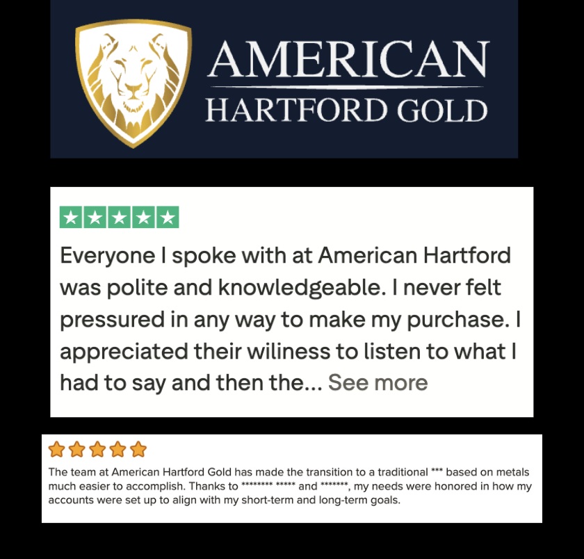 American Hartford Gold logo and a couple of 5-star customer reviews