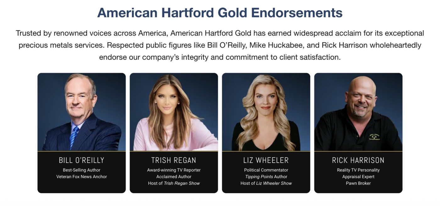 American Hartford Gold endorsements including Bill O'Reilly, Trish Regan, Liz Wheeler, and Rick Harrison