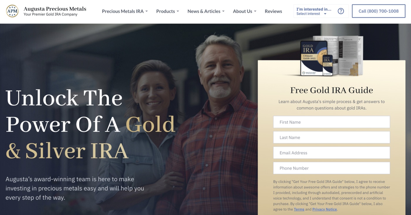 Augusta Precious Metals home page with a free gold IRA sign up form