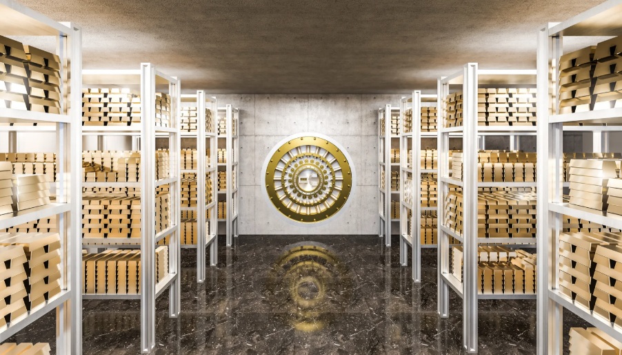 Gold storage facility with gold bars stacked on shelves