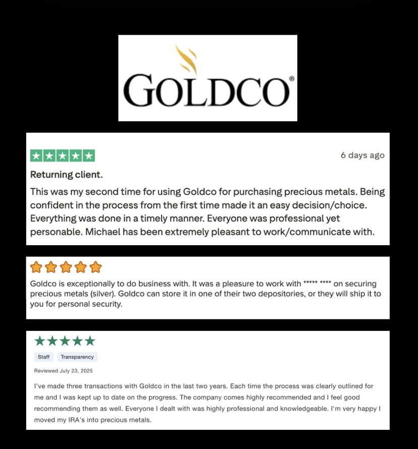 Goldco logo and selected customer reviews
