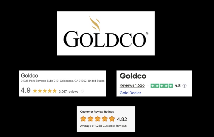 Goldco rating screenshots showing a 4.9/5 star average rating