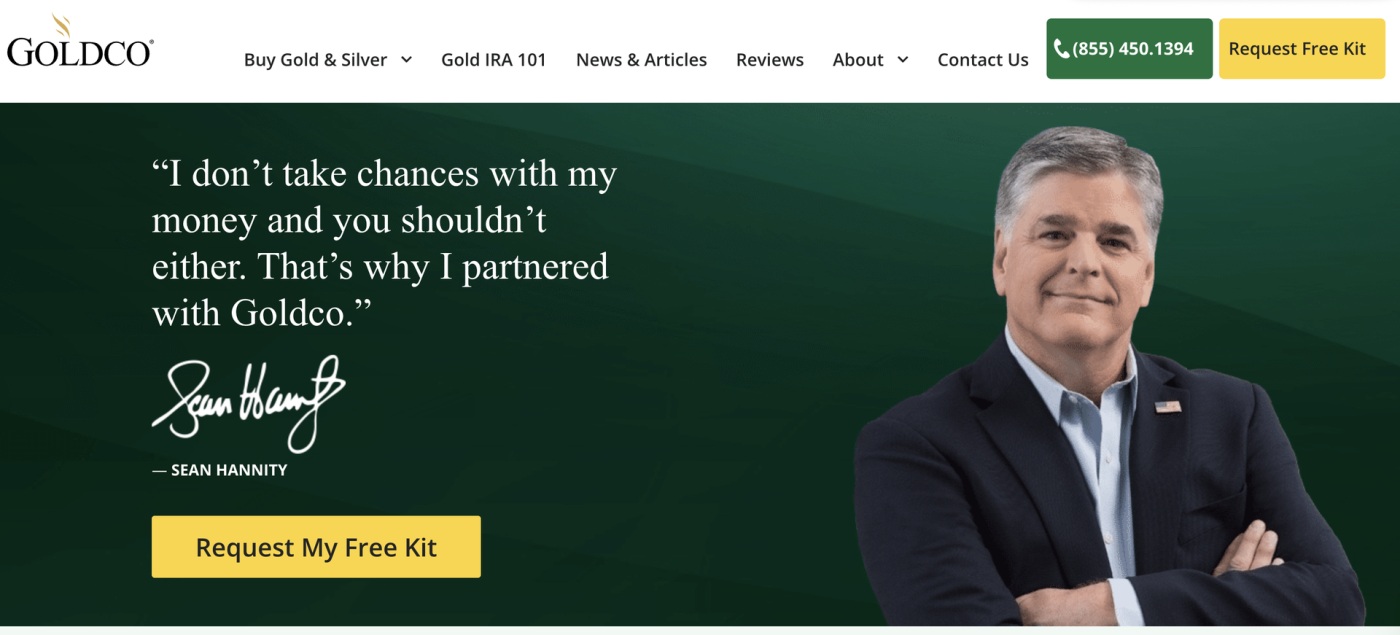 Goldco home page screen shot featuring sean hannity