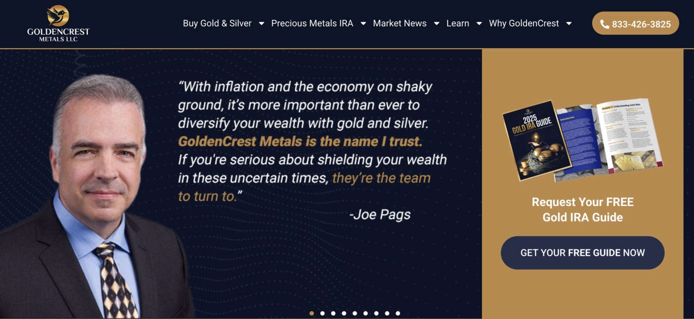 GoldenCrest Metals home page screen shot with an endorsement from Joe Pags