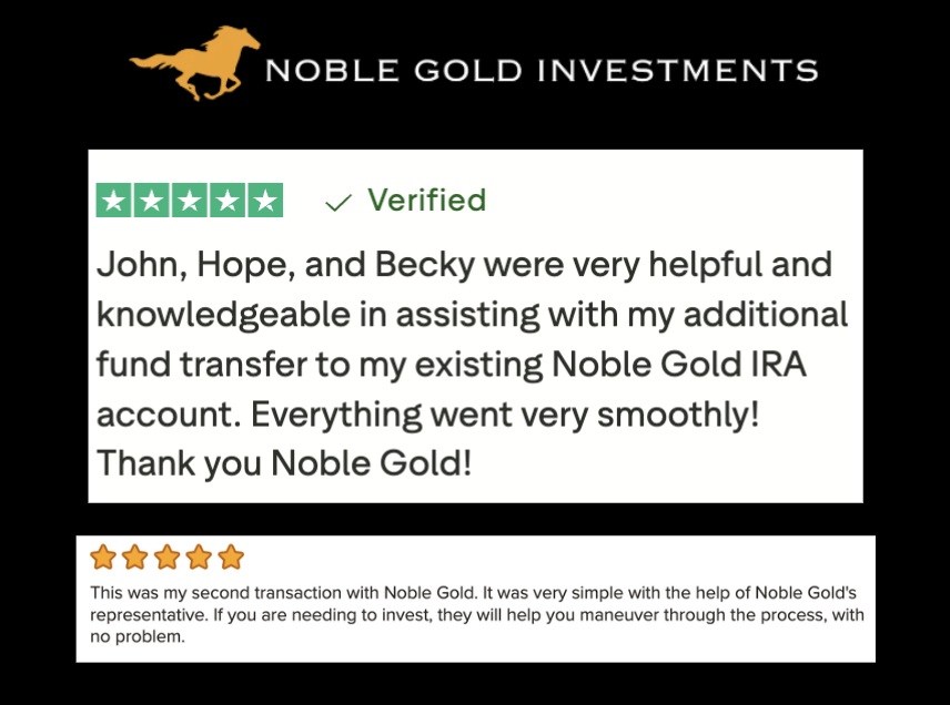 Noble Gold logo and selected consumer 5-star reviews