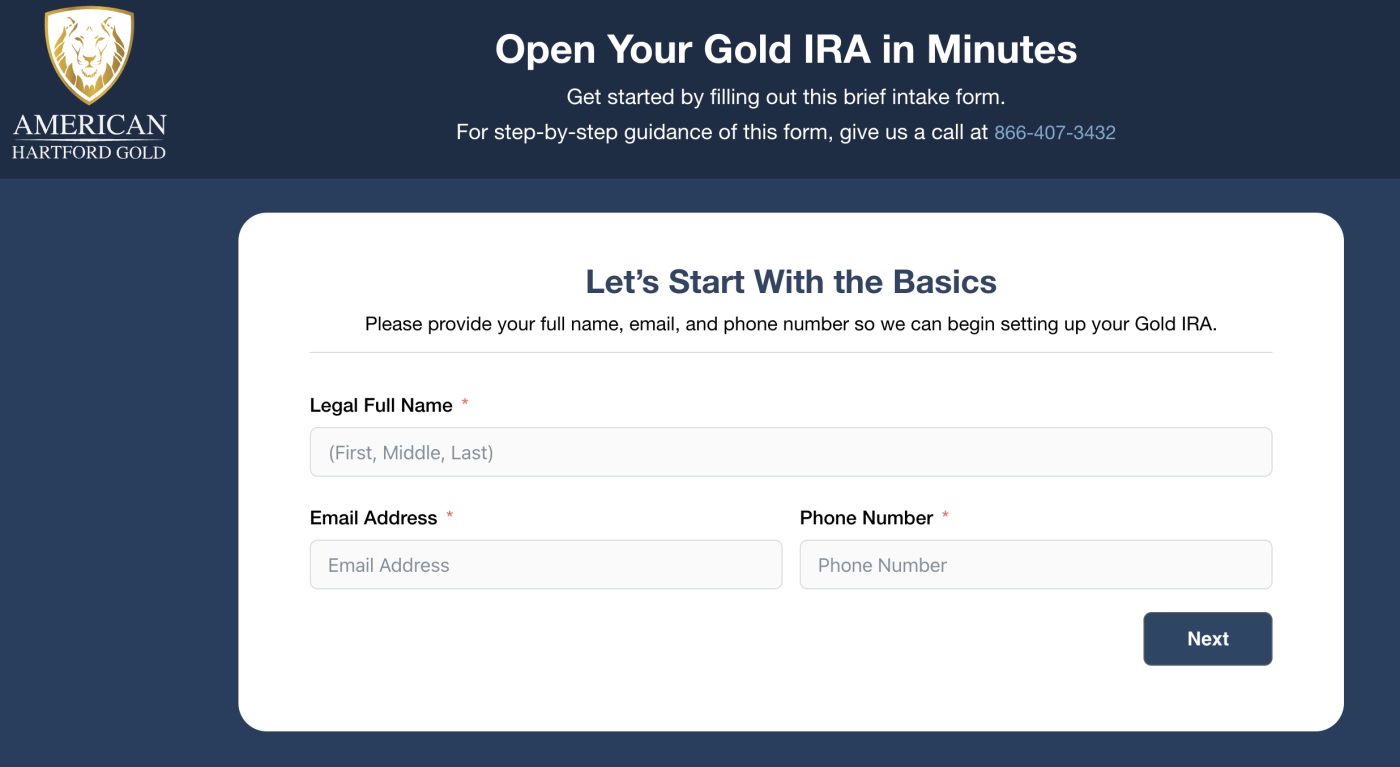 Image of the sign up form for a gold IRA from American Hartford Gold