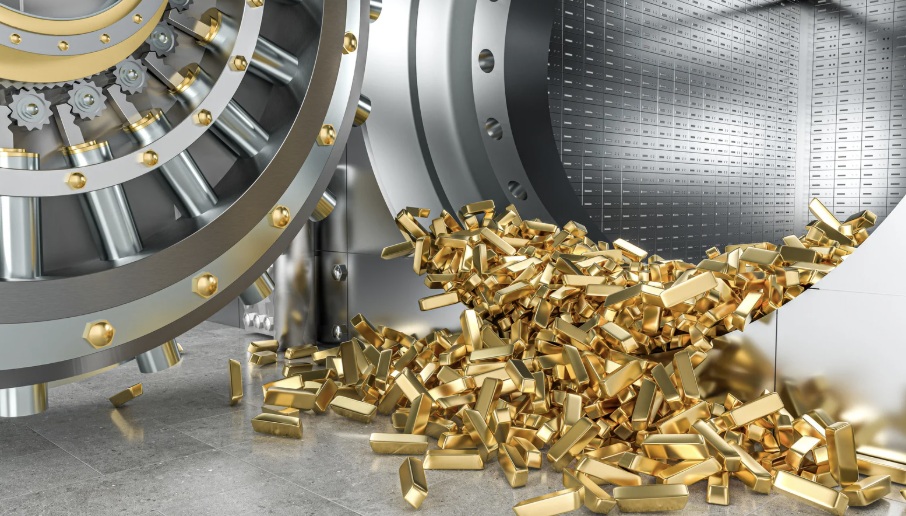 Vault with an open door and gold bars pouring out