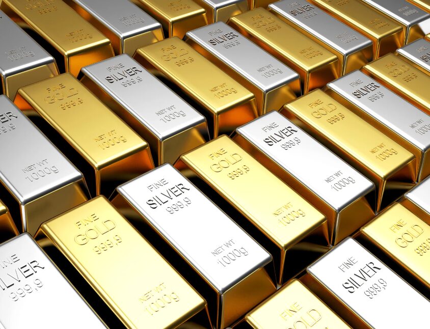 Gold and silver bars lined up in a neat line alternating between gold and silver bard